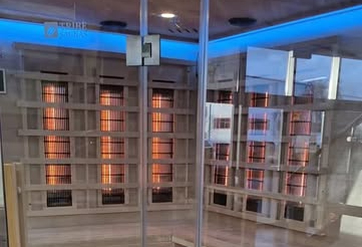 The infrared sauna on display in the Stove Fit showroom, heaters glowing